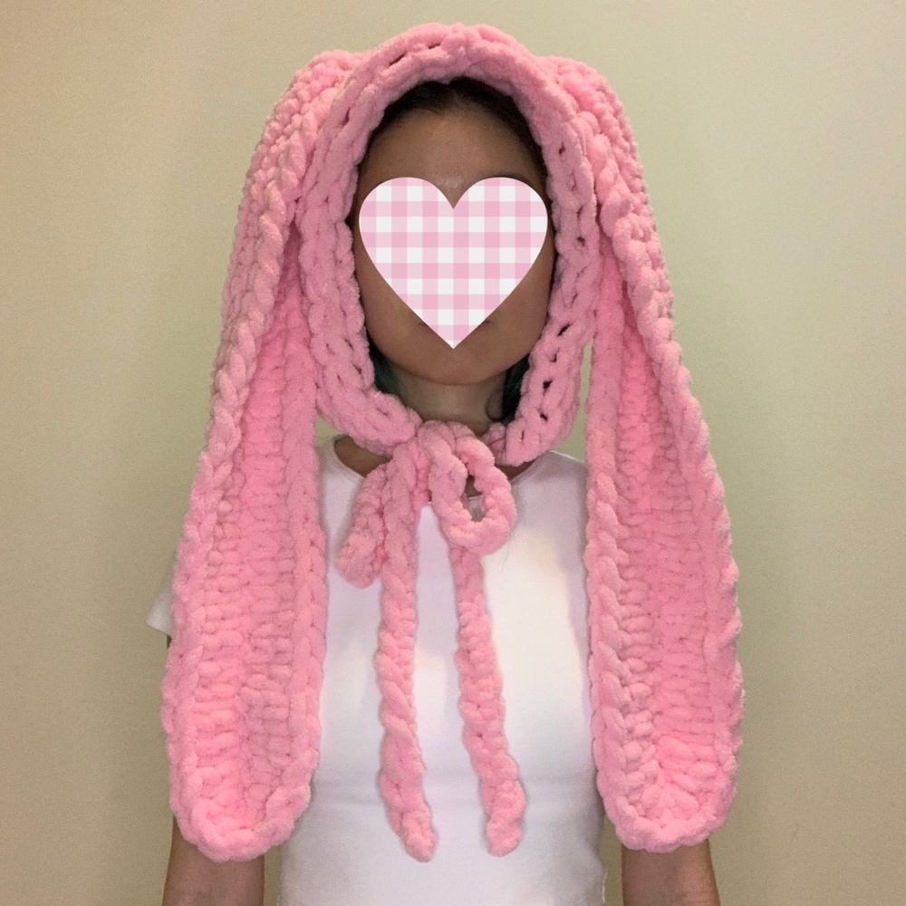 Pink Bunny Rabbit Chunky Chenille Knit Bonnet Hood Ear Warmer Lolita Coquette